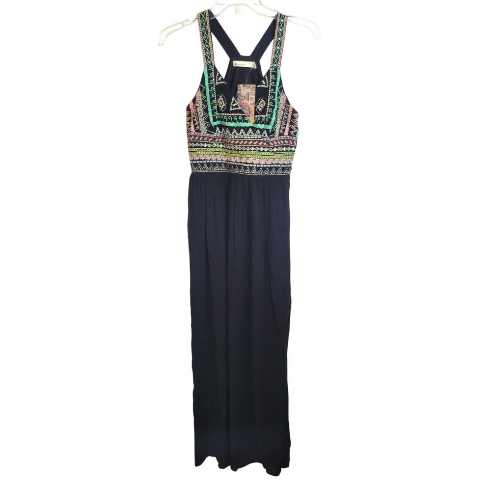NWT Paper Crane Black Embroidered Aztec Beaded Maxi Dress Women's Size Small
